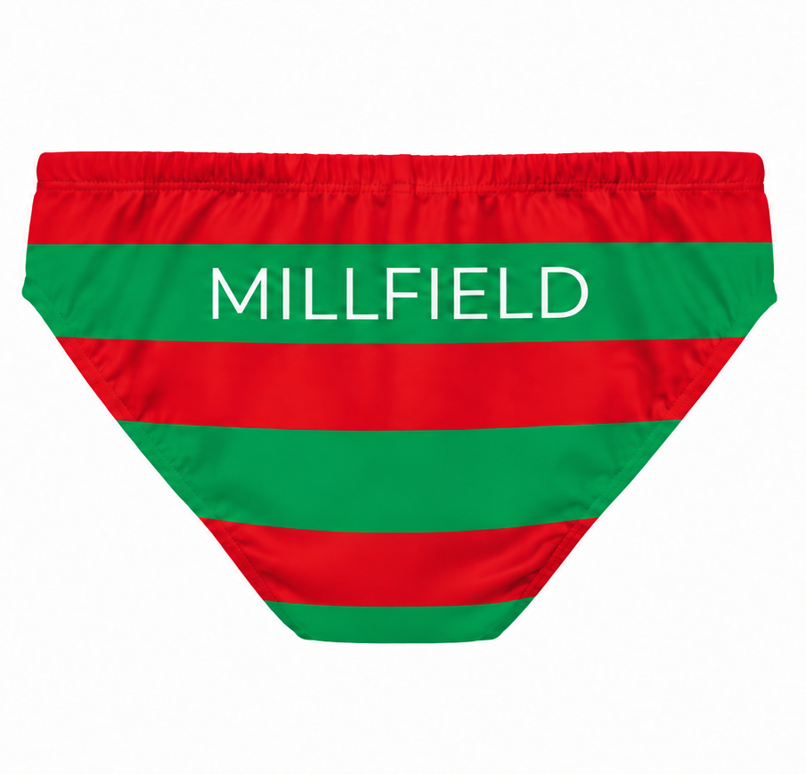 Back view of the Beyond Eighty Millfield swim brief with MILLFIELD printed across the rear