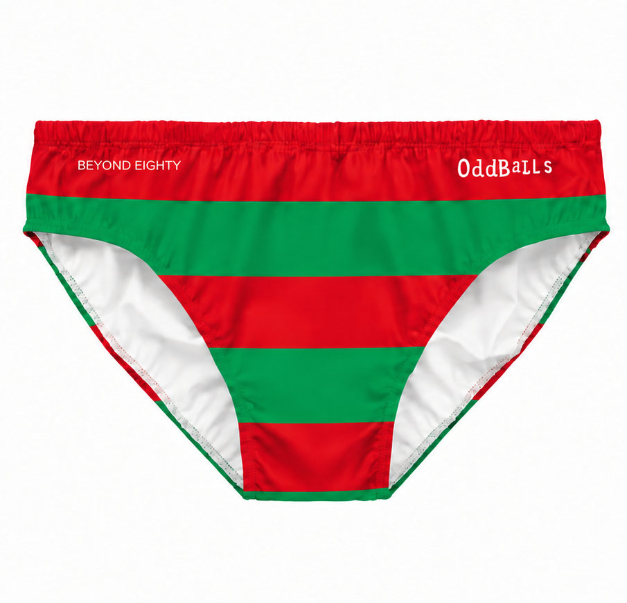 Front view of the Beyond Eighty Millfield swim brief in red and green stripes with a red waistband