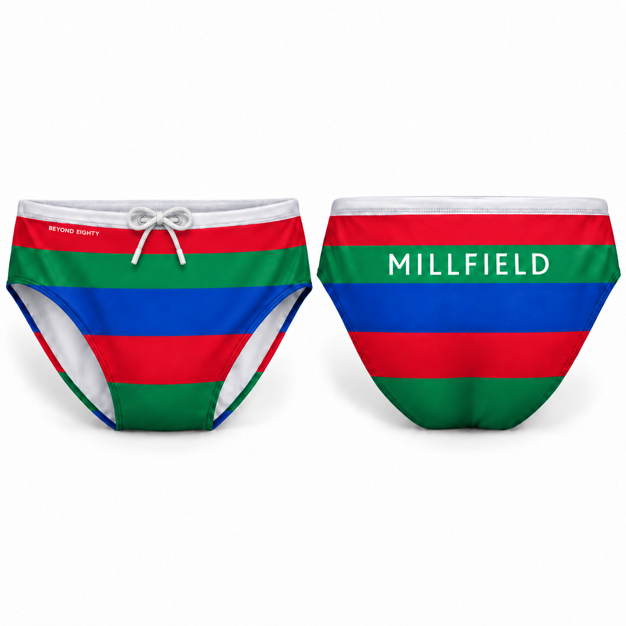 Front and back views of the Beyond Eighty Millfield swim brief in red, green and blue stripes